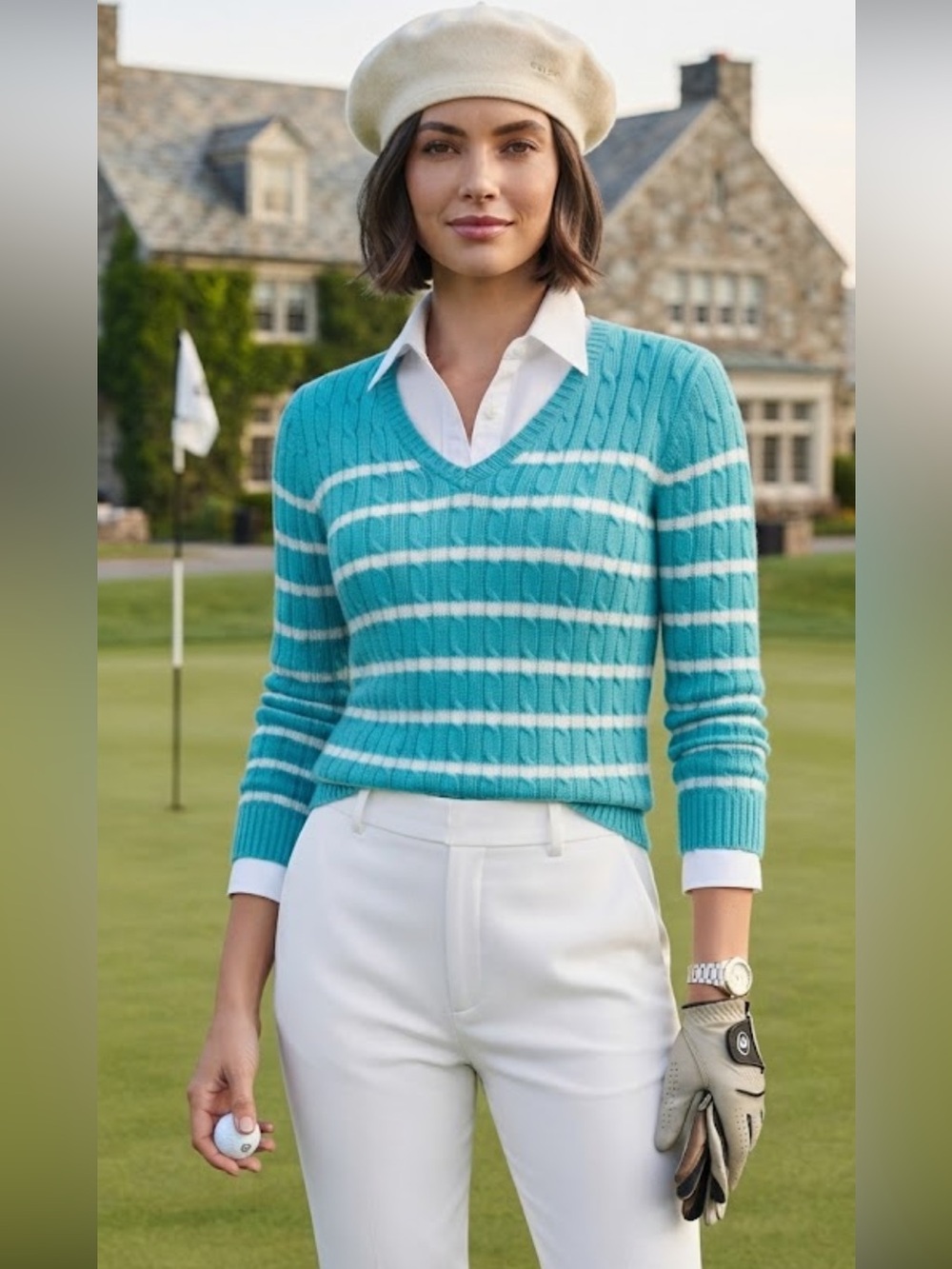 Lauren Ralph Lauren Logo Cotton V Neck Cable Turquoise n White Sweater